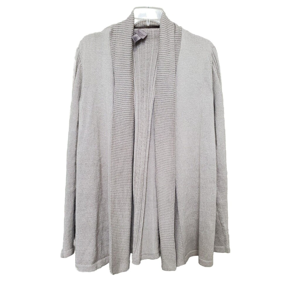 Chico's Gold Shimmer Ribbed Trim Open Front Cardigan Sweater Size 2 Large